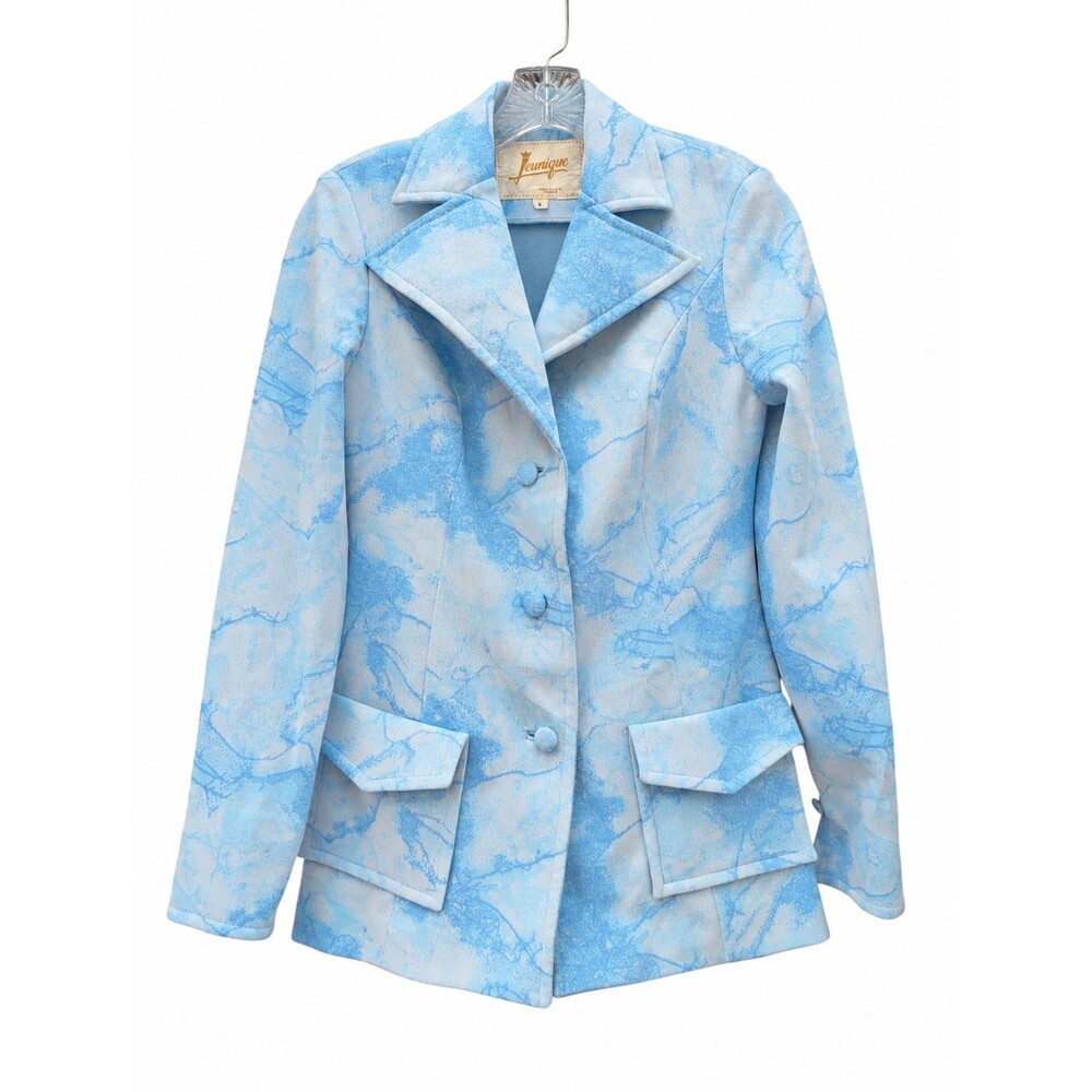 Vintage Jeunique Blazer Jacket Womens 8 Blue Aqua Marble Print 70s USA Mod